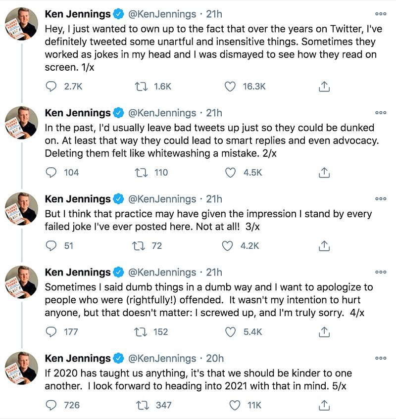 ジェパディの勝者ケン・ジェニングスは鈍感なツイートをお詫びします
