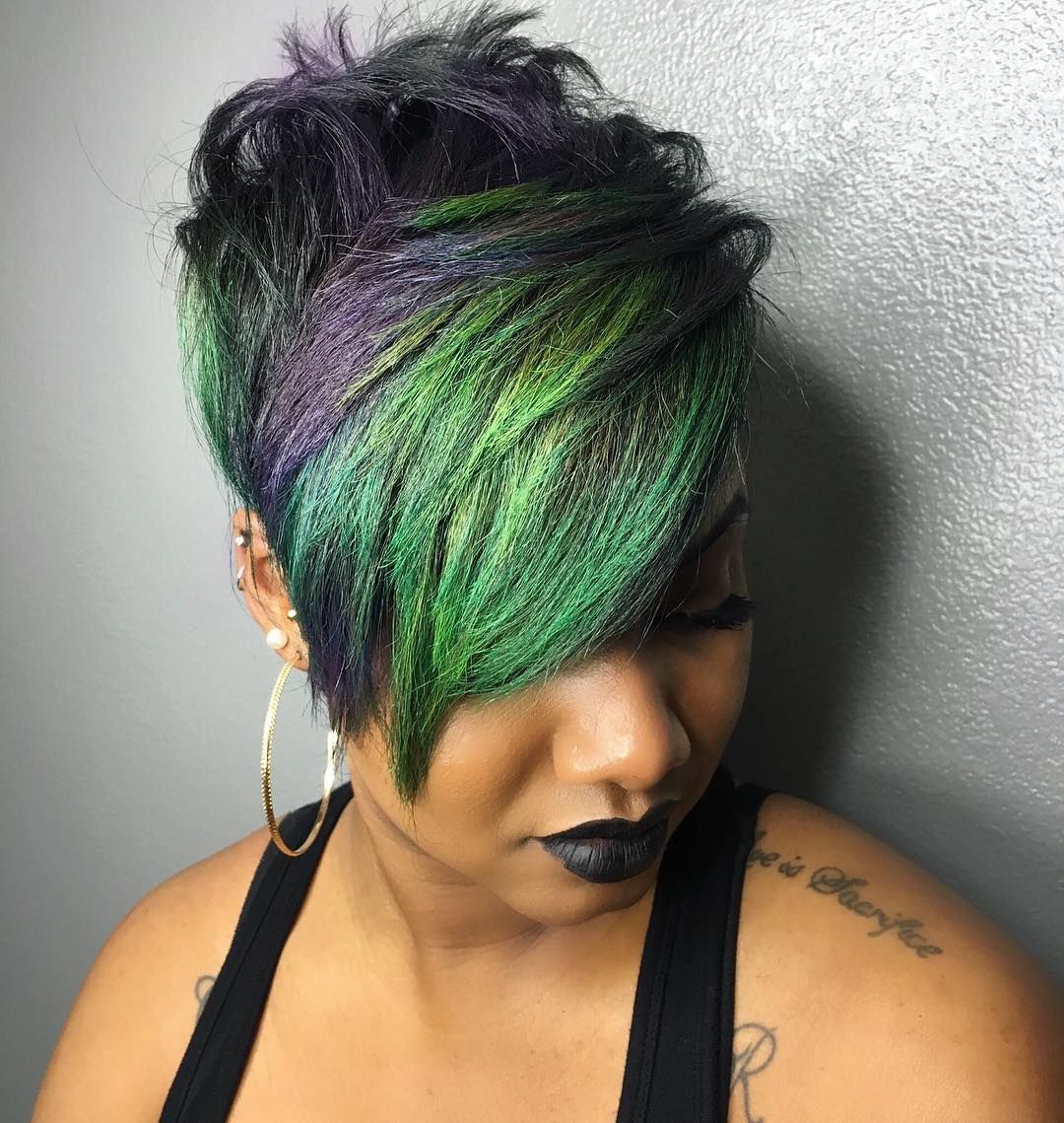 Pixie With Green And Purple Balayage