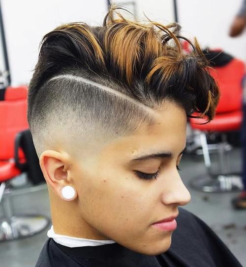 long top mohawk with faded sides and shaved part