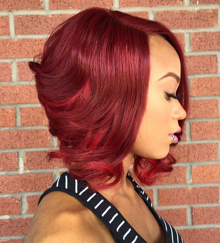 Curled Burgundy Bob Eave Hairstyle