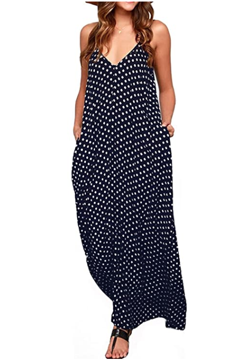 LILBETTER Damen V-Ausschnitt Polka Dot Print Maxikleid (Navy Blue Dot)