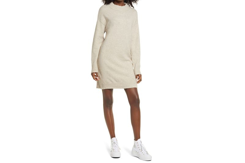 PB. Vestido Suéter de Manga Longa Fácil de Crewneck