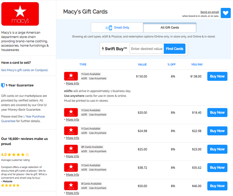 darčekové karty macys dostupné na karte