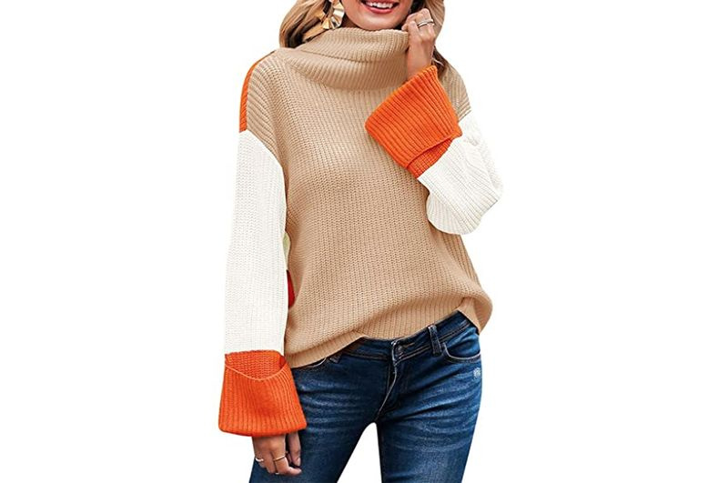 SAUKOLE Dame rullekrave farveblok Casual lang chunky strikket pullover